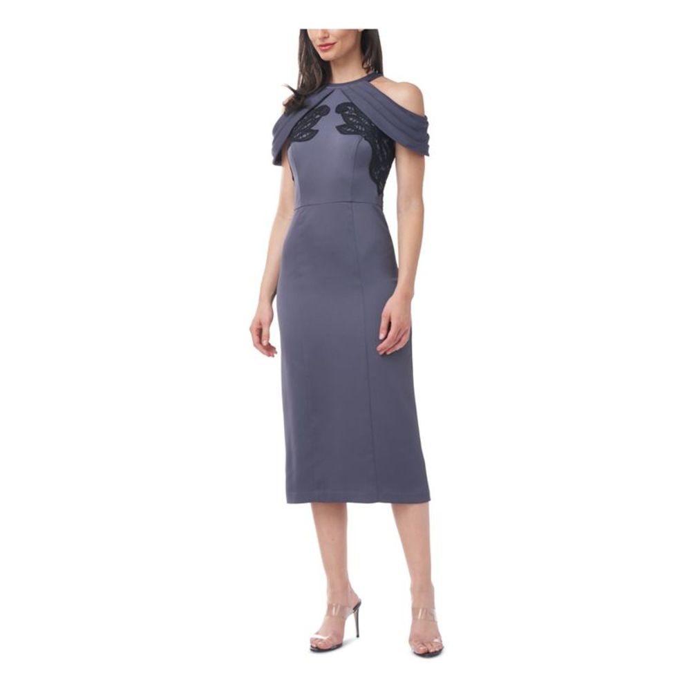 JS COLLECTION Womens Gray Draped Sleeves Appliqued Bodice Midi Body Con Dress 12